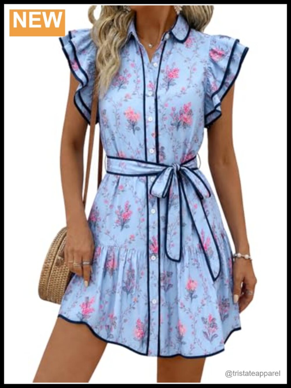 Womens Floral V Neck Ruffle Sleeve Button Down Shirt Mini Dress